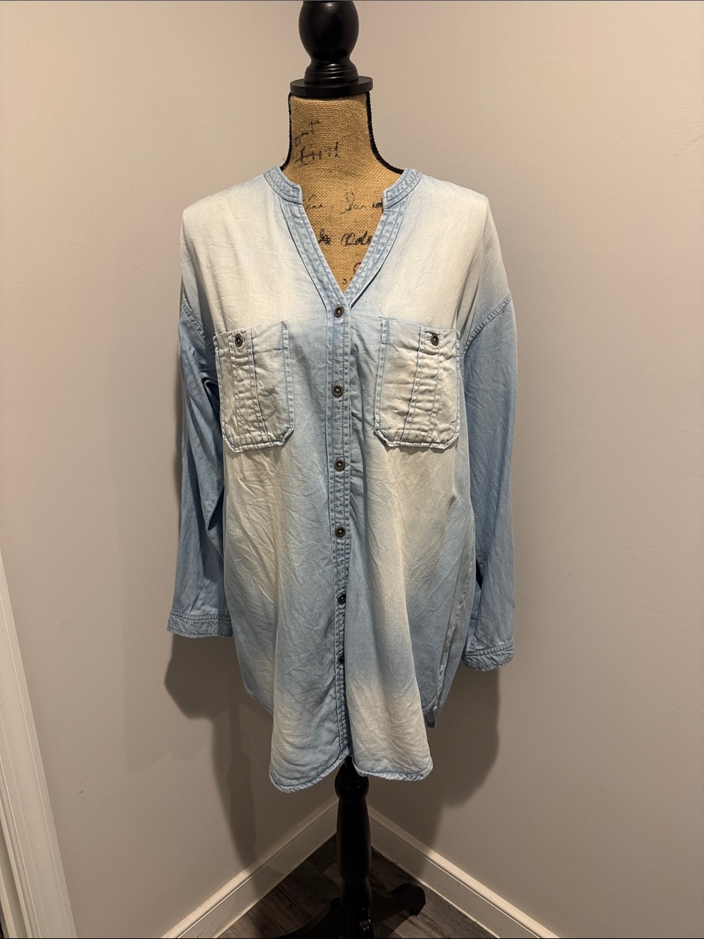 Zenana Light Wash Denim Button-Up Tunic Shirt